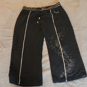 BCBG Black Embellished Wide-Leg Sweatpant Capris with White Piping